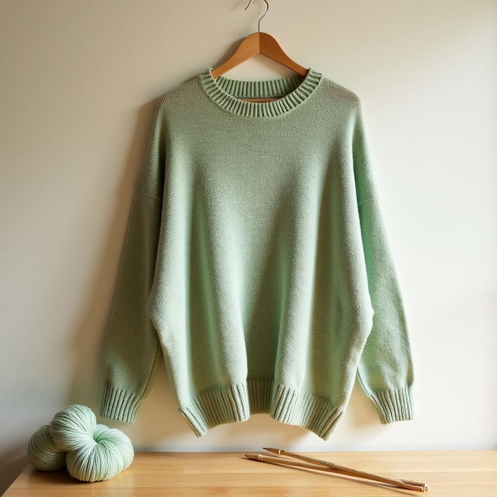 Finished knitted sweater in soft sage green displayed on a wooden hanger with needles nearby
