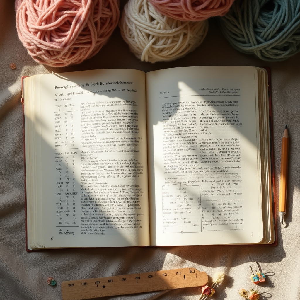 Knitting pattern pages spread open on a wooden table with handwritten annotations and yarn samples nearby