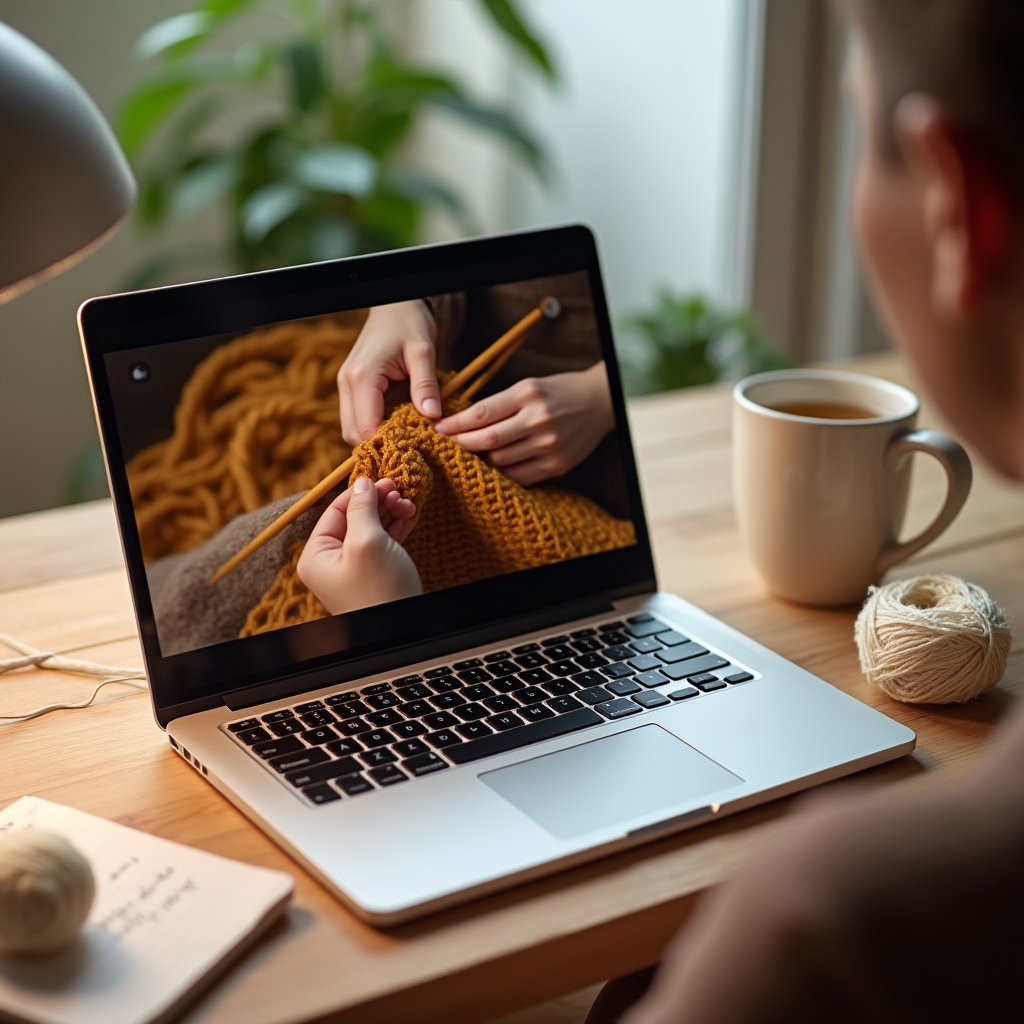 Laptop screen showing a fiber arts video lesson with a crafter's hands demonstrating knitting technique on camera