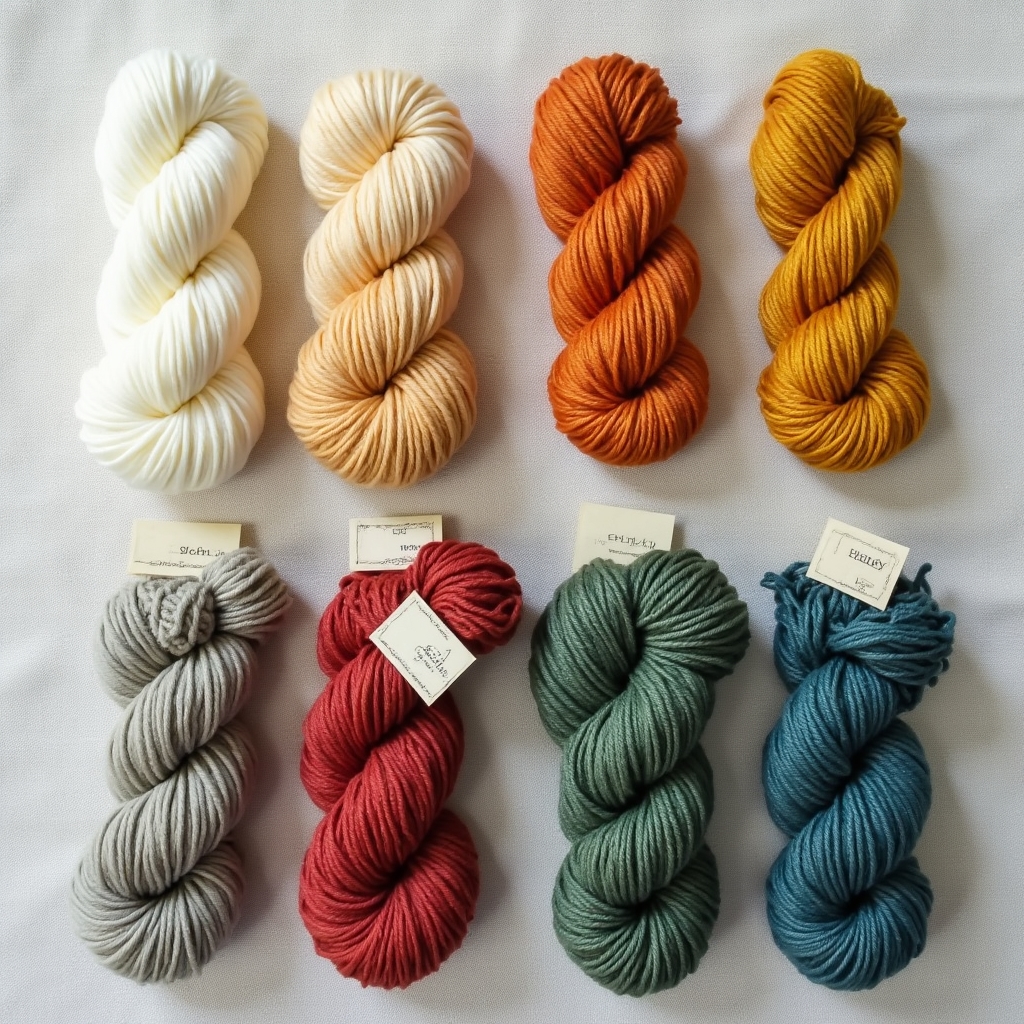 Array of yarn skeins in different weights and textures arranged by color spectrum on a light linen surface